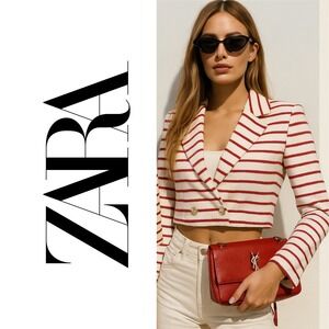 ZARA,‎ Cropped Red Stripe Blazer Jacket Womens Size M